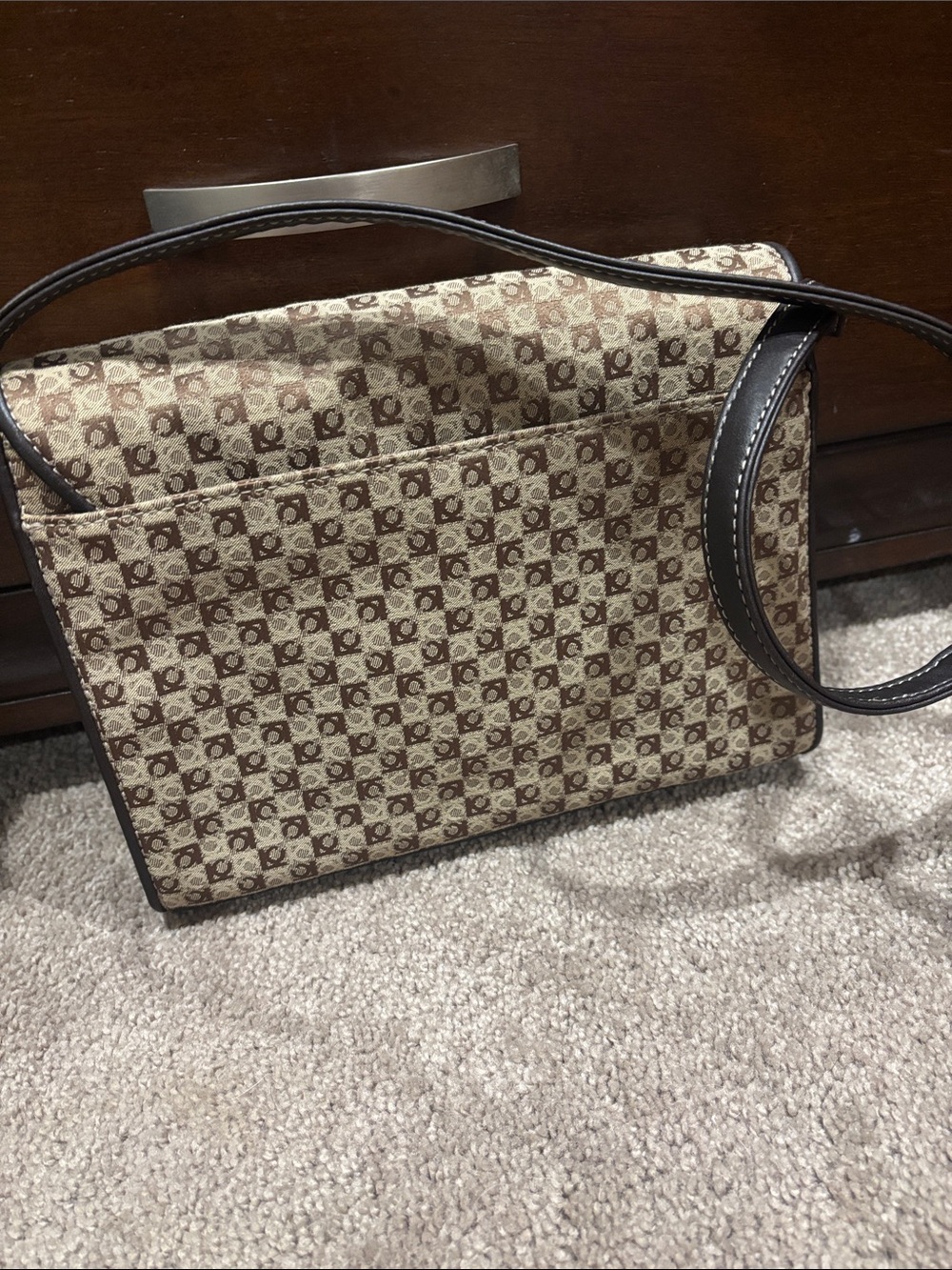 Vintage Liz Claiborne Monogram Shoulder Bag 90s Tan Brown Leather Red Purse Y2K - Picture 2 of 10